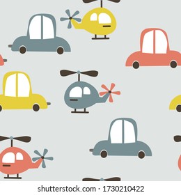 Baby boys pattern  with cute cars and 
helicopter