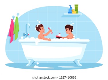 Baby boys play in bath semi flat RGB color vector illustration. Kids play with plastic toys in bathroom. Toddlers in bubble bath. Children in bathtub isolated cartoon characters on blue background