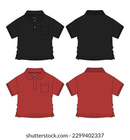 Baby boys Polo shirt technical drawing fashion flat sketch vector illustration black and red color template front and back views. Apparel design mock up for kids isolated on White background