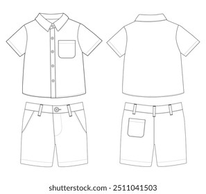 Camisa de manga corta y pantalones cortos de los muchachos del bebé Plantilla de Vector de la Ilustración vectorial del boceto plano de la moda del conjunto de desgaste del resort con la vista delantera y posterior,