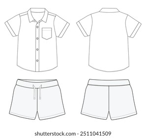 baby boys kurzarm shirt und shorts resort wear set mode flach skizze vektor illustration vektor vorlage mit vorder-und rückansicht,