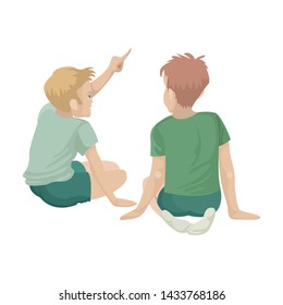 Baby boys sits on the floor, with her back, raised her hand up, points with her index finger. Pupils in kindergarten, is responsible for lesson. Vector cartoon flat illustration on white background.