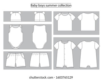 Newborn’s baby boys summer set collection technical sketches