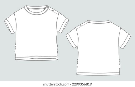 Baby boys t shirt technical drawing fashion flat sketch vector illustration template front and back views. Apparel design mock up for kids isolated on grey background