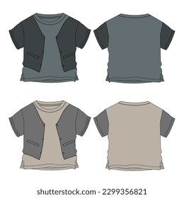 Camisetas de niños niños camiseta técnica dibujo plano de la moda dibujo plano ilustración vectorial grises y hkaki color de la plantilla vistas frontal y posterior. El diseño de ropa se burla de los niños aislados en un fondo blanco