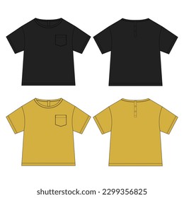 Baby-Jungs t Shirt technische Zeichnung Mode flache Skizze Vektorgrafik schwarz-gelbe Farbe Vorder-und Rückansicht. Bekleidungsdesign für Kinder einzeln auf weißem Hintergrund