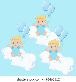 Baby boys triplets sitting on clouds and holding balloons. Vector illustration in flat style.