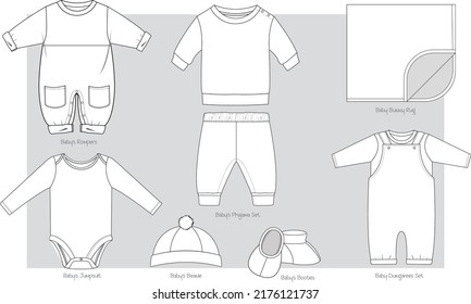 Baby boys winter clothings set flat sketch