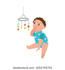 Baby Brain Development And Education Picture. Little Baby Sitting Playing With Rattle Toys, Flat Cartoon Vector Illustration Isolated White Background