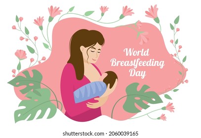 Baby breast feeding flat composition with images of leaves and flowers with ornate text and people vector illustration