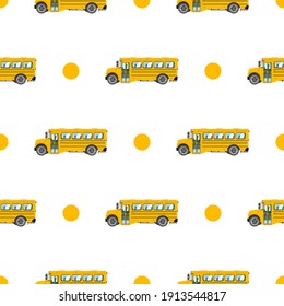 Baby bright cartoon bus vector seamless pattern on white background. Funny cute hand drawn kids toy transport. 