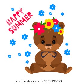 Baby brown bear in a wreath and a bow and the inscription hello summer. Vector illustration in cartoon childish cute style.