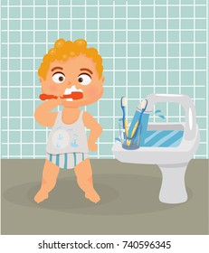 baby brushing teeth, cartoon vector illustration