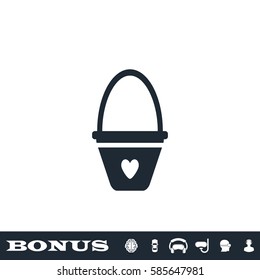 Baby bucket with hearth icon flat. Black pictogram on white background. Vector illustration symbol and bonus button
