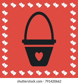 Baby bucket with hearth icon flat. Simple black pictogram on red background with white hearts for valentines day. Vector illustration symbol