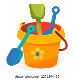 A baby bucket with shovels. A sandbox toy. Vector illustration in cartoon style.
