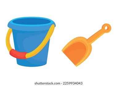 Baby bucket with spatula kids plastic toy isometric vector illustration. Childish sand game equipment blue pail with handle and yellow scoop. Sandbox playing tools preschool outdoor leisure activity