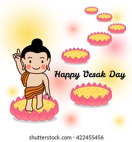 Baby Buddha born and standing on one of seven lotuses on Vesak day. Vector Illustration.