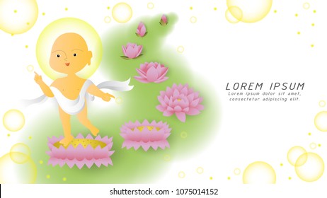 baby Buddha steps on lotus flower in his birthday,happy Vesak day,Buddhist holiday,vector illustration for greeting card or presentation,cute cartoon character