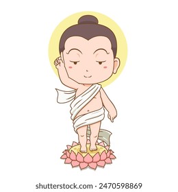 The baby Buddha was walking with lotus flower supporting his feet. Point his finger up to the sky and down to the ground.