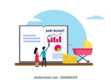 Baby budget vector concept: Young couple looking at baby budget diagram while using magnifying glass 