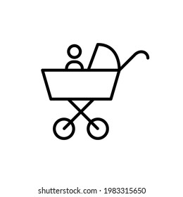 Baby Buggy Carriage Black Line Icon. Baby Carriage With Baby Badge. Trendy Flat Isolated Symbol Sign Used For: Illustration, Outline, Logo, Mobile, App, Design, Web, Dev, Ui, Ux, Gui. Vector EPS 10