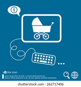 Baby buggy and flat design elements. Line icons for application development, web page coding and programming, creative process, social media, print.