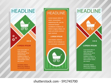 Baby buggy icon on vertical banner. Modern banner, brochure design template.