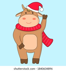 Baby bull cow cute happy animal character symbol of 2021 year ox in Santa hat and warm scarf waving.  Sweet cartoon Christmas, New Year, winter holidays character. element for Christmas festive design