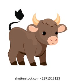 Baby bull. Vector drawing of an animal. Cartoon calf on white background. Agricultural pairs hoofed animal, cow, bull. Used for printing, stickers, collages, web design.