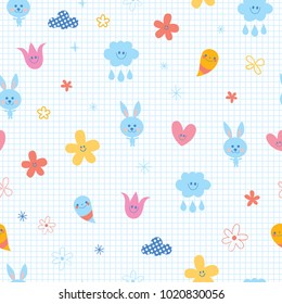 baby bunnies flowers clouds hearts kids seamless pattern with notebook paper background