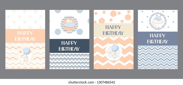 Baby bunnies happy birthday templates set universal and classic design in tender colors for girl, boy and twins