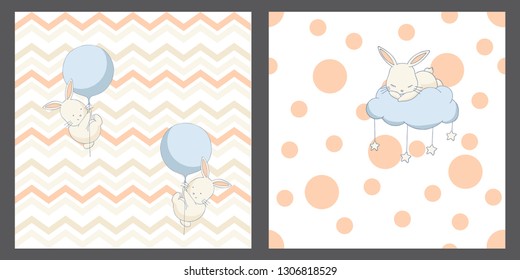 Baby bunnies seamless patterns little set, backgrounds design, universal and classic backdrops for tiny boys and girls