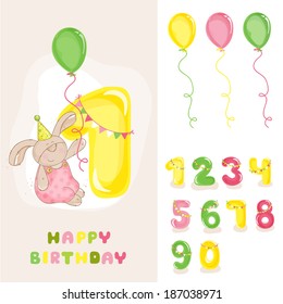 Baby Bunny Birthday Card - with Editable Numbers - invitation, congratulation -  in vector