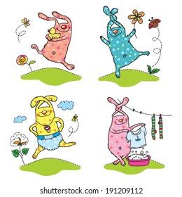 Baby Bunny. Cute Rabbit. Running rabbit. Happy Rabbit. Joyful Rabbit. Cute Bunny. Set of animals.