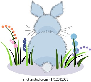 baby bunny drawing in grass, vector image, sketch