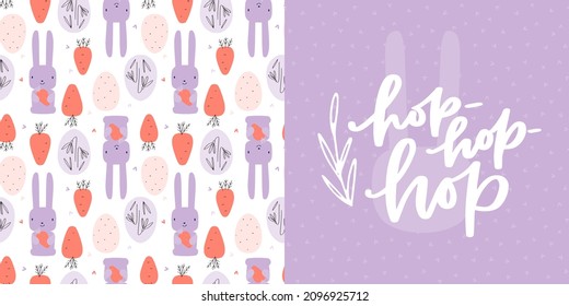 Baby bunny Easter textile print. Vector seamless pattern, lettering and accent image set with rabbit holding carrot, eggs and flowers in pastel spring colors. 