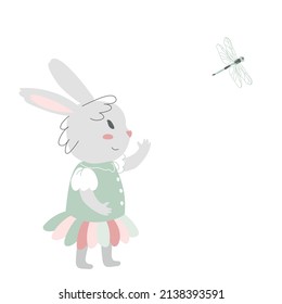 A baby bunny in a flower costume looks at a dragonfly. Cute funny pets. Vector illustration isolated on a white background