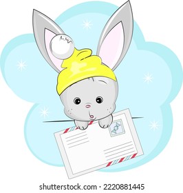 baby bunny in a hat with an envelope