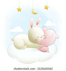 Baby bunny hugging pillow sleeping on cloud watercolor illustration