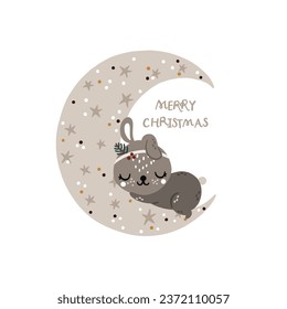 Baby bunny on the Moon, Merry Christmas greeting card, pastel colors. Cute sleeping animal, magical illustration