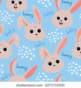 Baby bunny seamless pattern. Cute rabbits on a blue background. Vector illustration for children