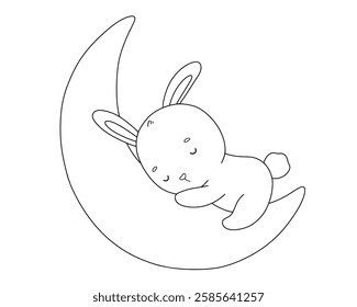 Baby bunny sleep on moon, vector line illustration for coloring book, Woodland animal, outline drawing