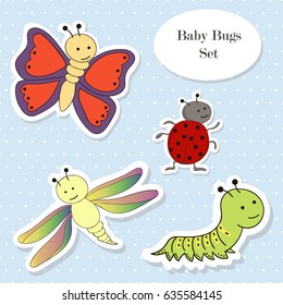 Baby butterfly, dragonfly, caterpillar and ladybug stickers set.