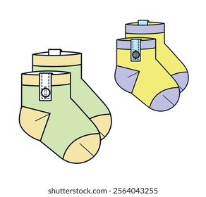 Baby button socks technical flat design vector mockup template.