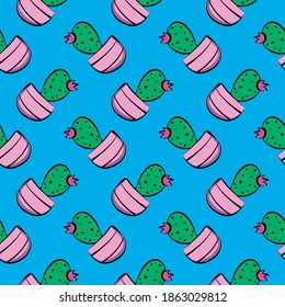 Baby cactuses,seamless pattern on blue background.