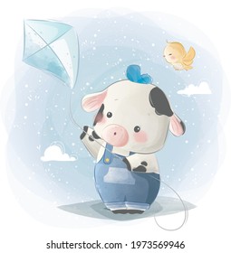 Baby Calf Boy Playing with a Kite