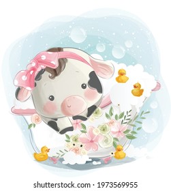 Baby Calf Girl in a Tub with Rubber Ducks