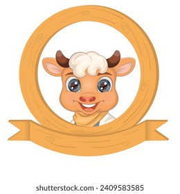 Baby calf illustration on round wooden frame. Baby calf vector illustration isolated on white