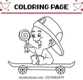 baby with candy is playing skateboard coloring page for kids